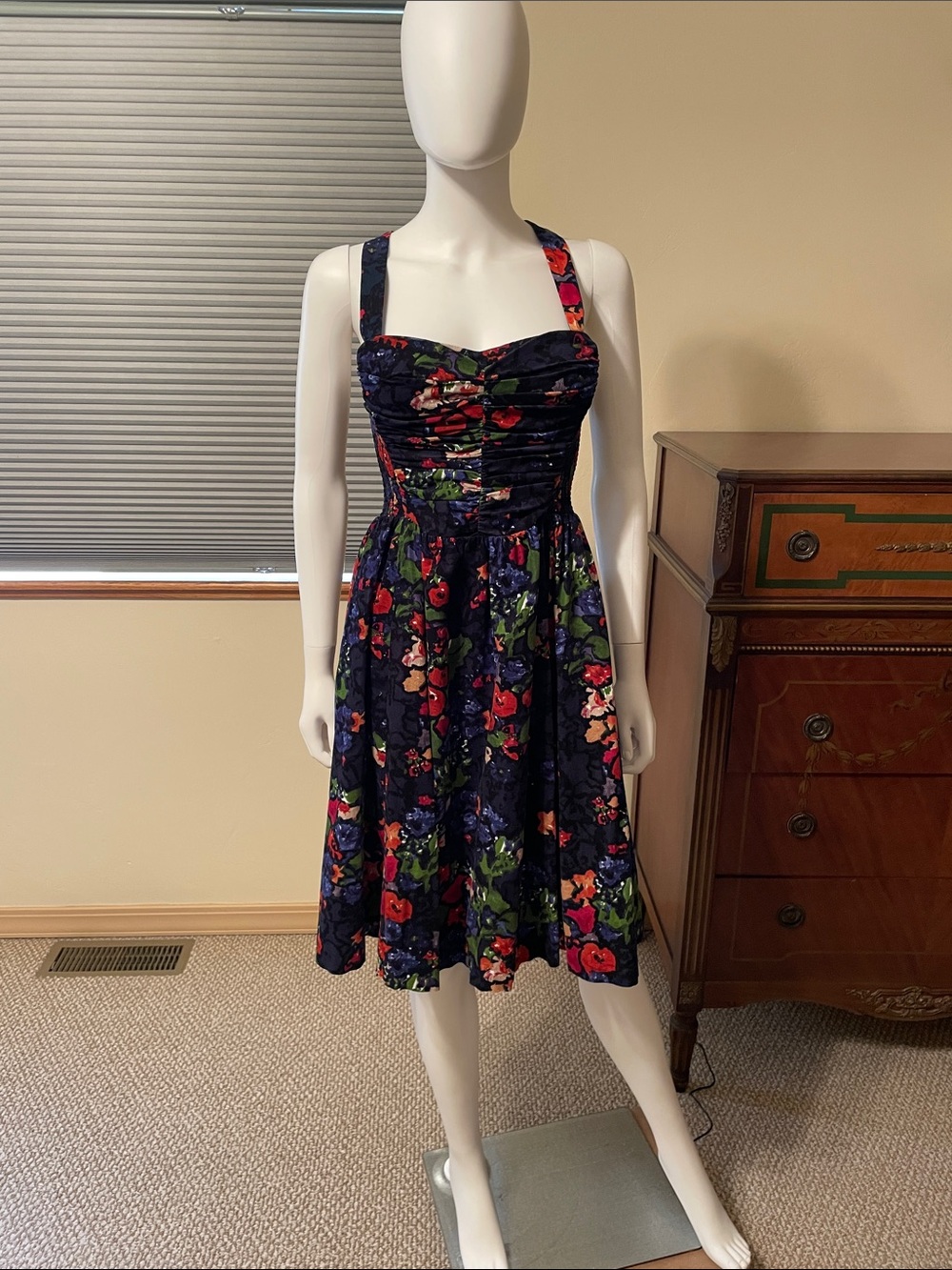Anthropologie HD in Paris Paca 6 Corduroy Navy Floral Midi Dress